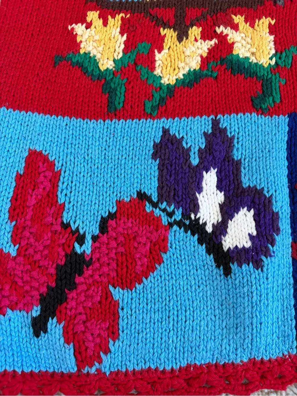 Vtg Karen Scott Hand Knit Sweater Spring Cardinal Bird Flowers Birdhouse Sz L - Picture 11 of 12